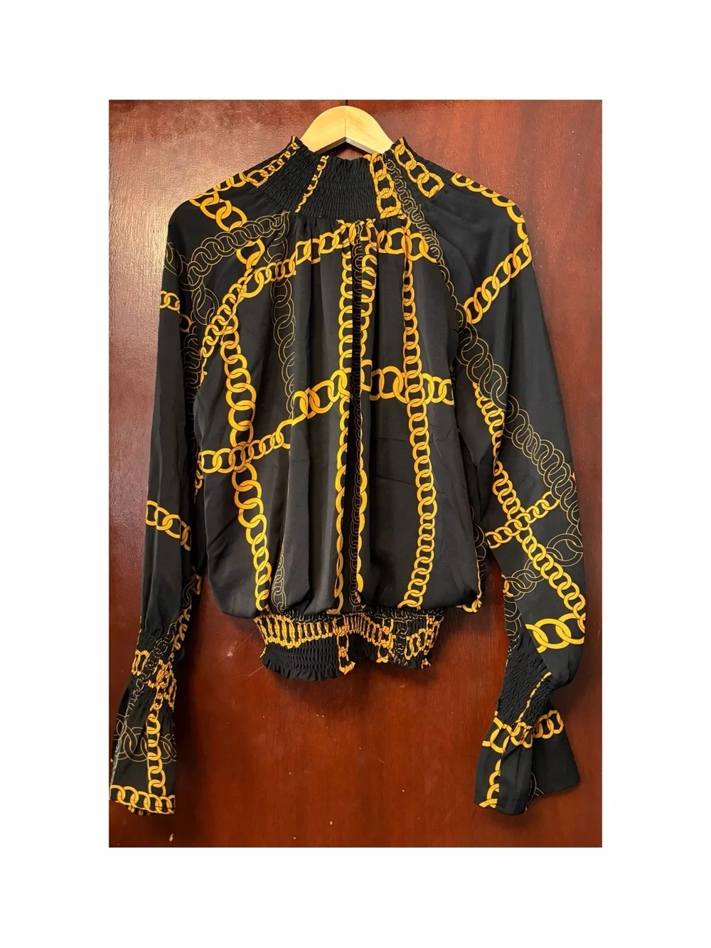 Women’s Gracia Black & Gold Chain Print Smocked Blouse - Picture 5 of 5